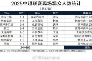 2025中超聯(lián)賽現(xiàn)場觀眾人數(shù)統(tǒng)計（第17輪）